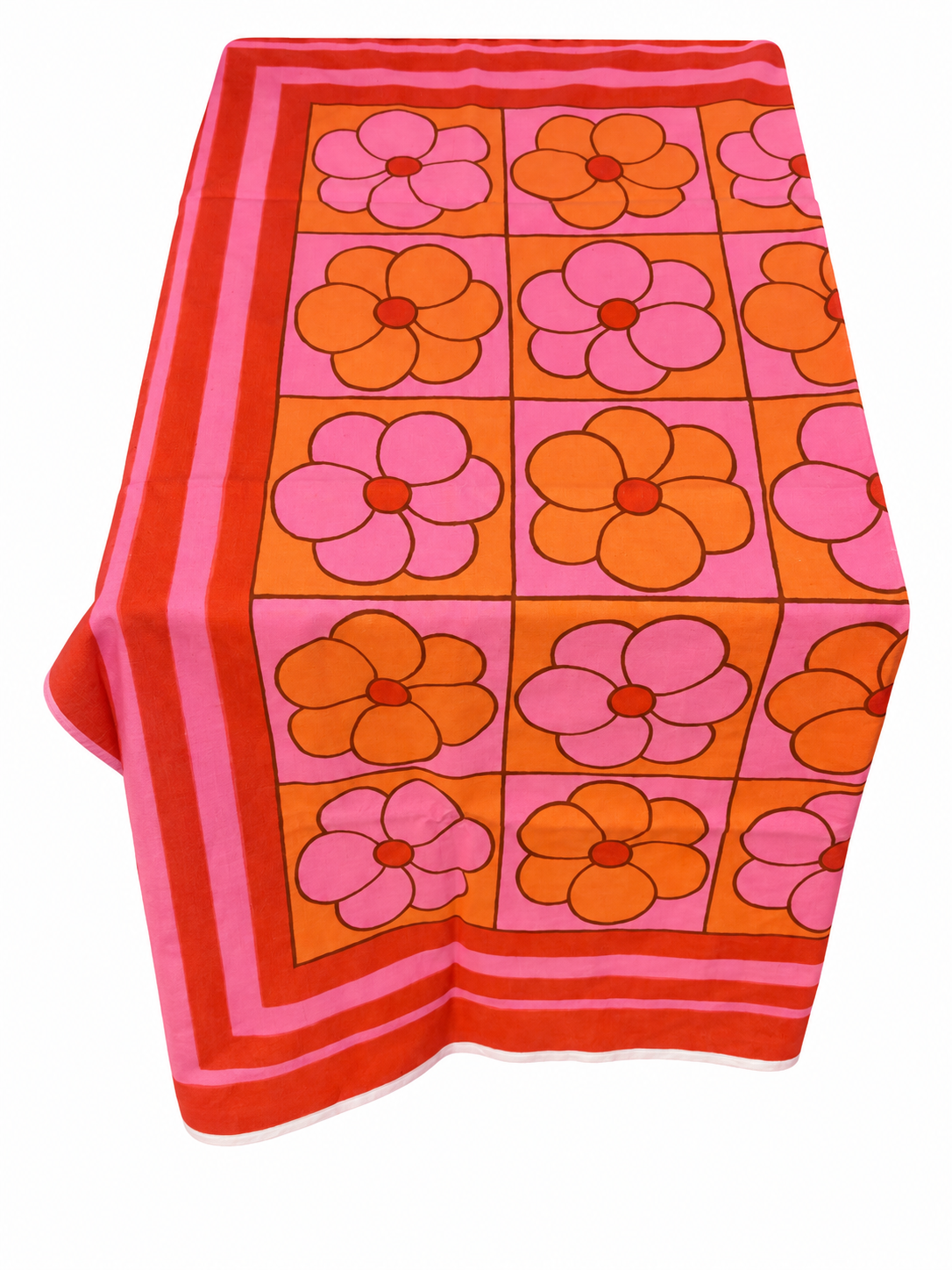 Duk med ett rutmönster av stora blommor i orange och rosa