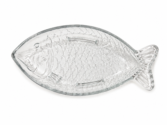 Fiskformat serveringsfat i klart pressglas ur Arcorocs serie Poisson – detaljerad relief med fjäll, gälar och fenor