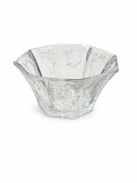 Vintage fransk pressglasskål med fruktmotiv