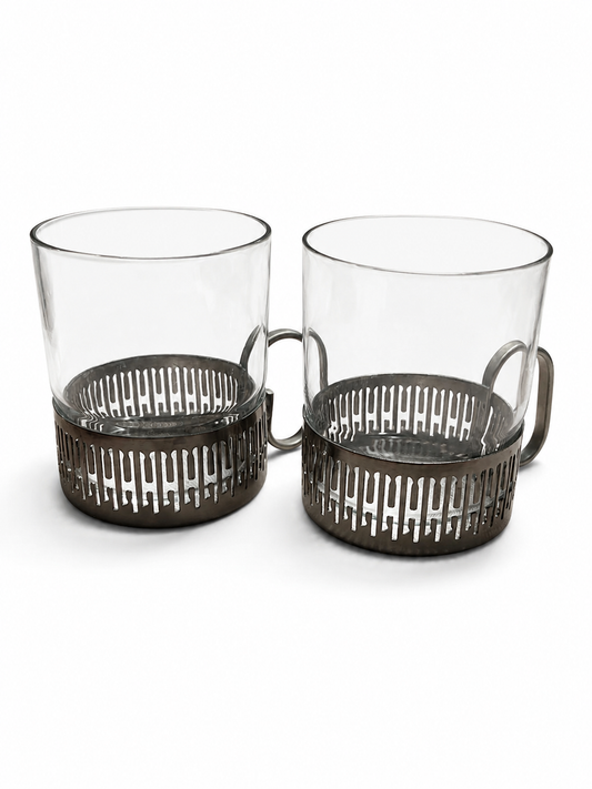 Gullaskruf vintageglas med perforerade metallhållare och sidohandtag, 2-pack
