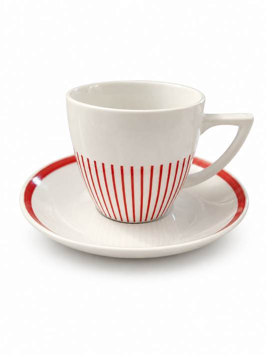 Retro kaffekopp med fat – röda ränder
